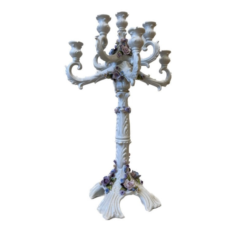 Versailles Candelabra 9 Lights With Flowers - Shiny White Antique Gold Painted Fl \ No Gold