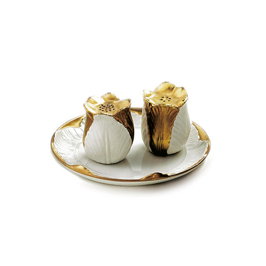 Tulip Salt & Pepper Set And Saucer - White & Gold