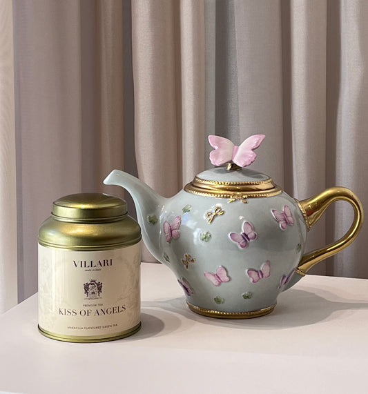 Villari Tea And Butterfly Medium Tea Pot Aquamarine-PInk-Gold