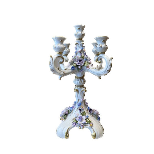 Versailles Candelabra - 5 Lights With Flowers Shiny White Antique Gold Painted FL