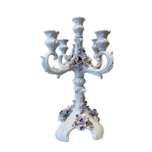 Versailles Candelabra - 5 Lights With Flowers Shiny White Antique Gold Painted Flowers Coloured / NO GOLD