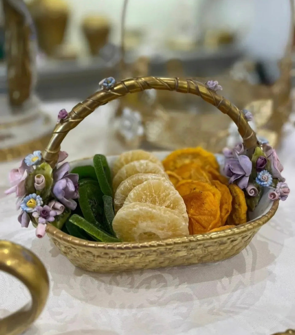 Oval Basket With Flowers - Antique Gold Coloured Flowers