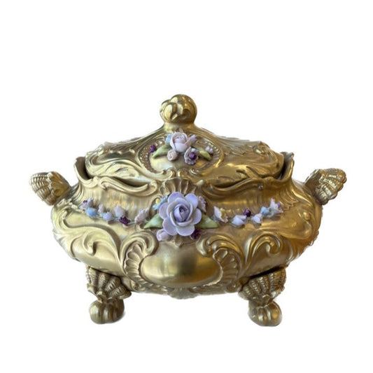 Pharaoh Soup Bowl With LID With Flowers - Antique Gold Coloured Flower