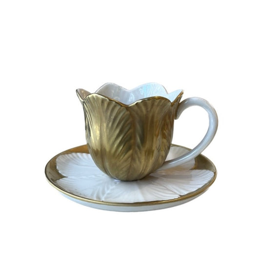 Tulip Tea Cup With Plate Full Antique Gold