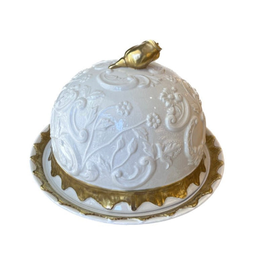 Taormina Cloche With Dish - White Antique Gold Profiles