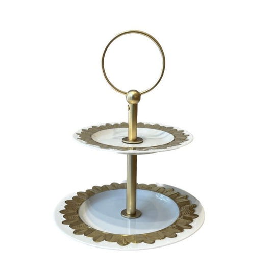 Peacock 2 Tier Stand - White Antique Gold