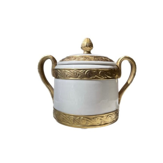 Covered Sugar With Handles - White Antique Gold