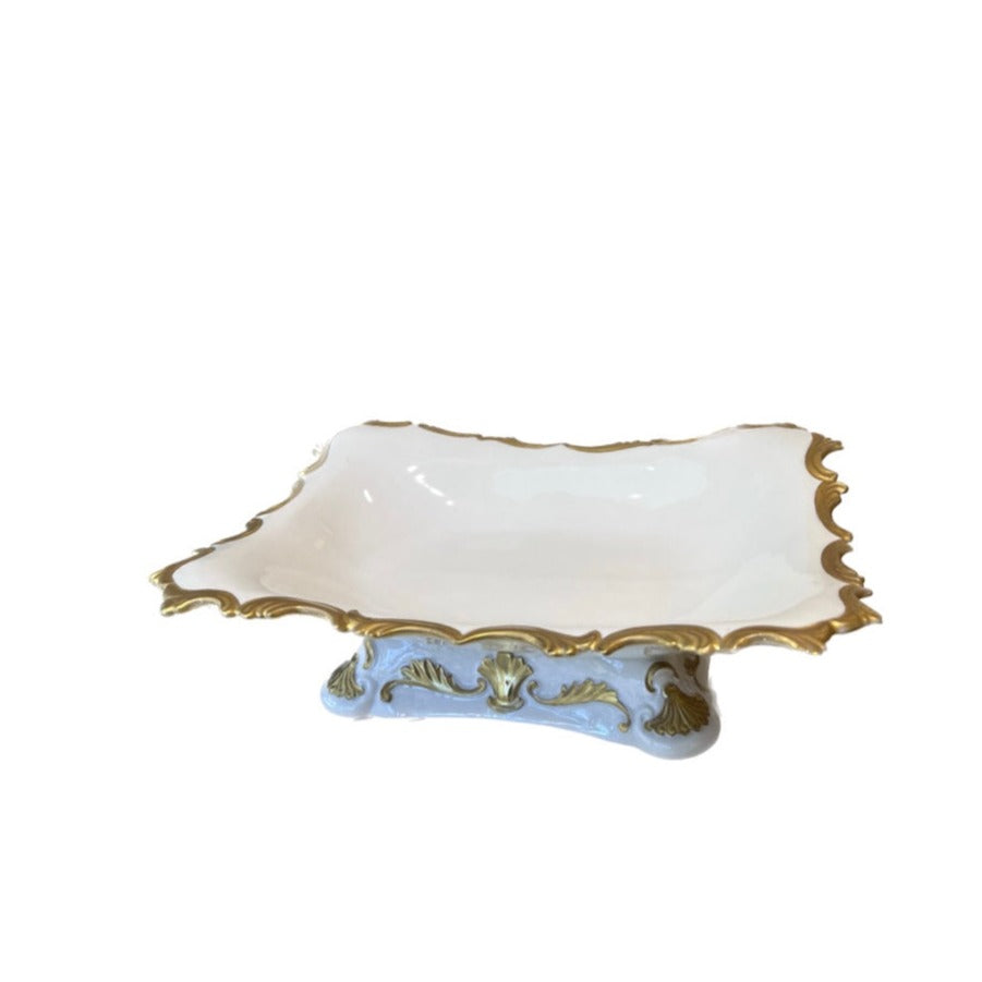 Baroque Dish With Base Rectengular Shape - White Antique Gold