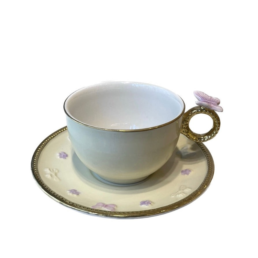 Butterfly Tea Cup And Saucer 20 CL / Round Saucer - Light Yellow Baby Rose 24K Gold