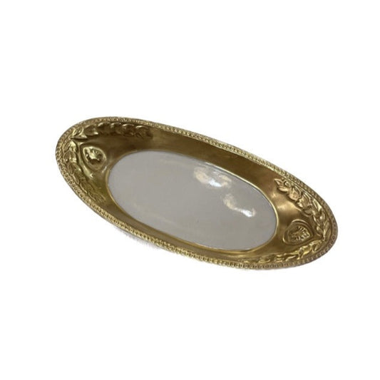 Small Long Dish With Leaves Small Size White - Antique Gold