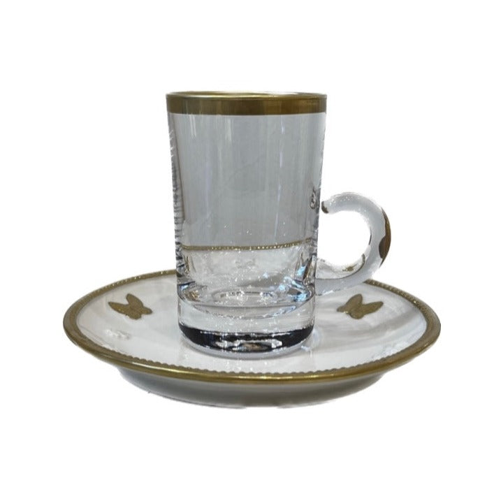 Large Size - 15 CL Gold Edge Butterfly Green Tea Cup And Saucer - White Antique Gold