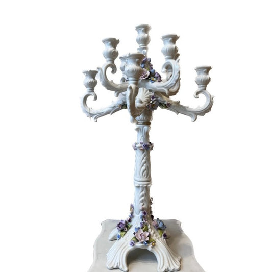 Versailles Candelabra 9 Lights With Flowers - Shiny White Antique Gold Painted Fl