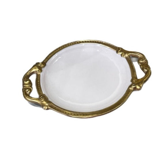 Small Round Dish With Handles - White Antique Gold