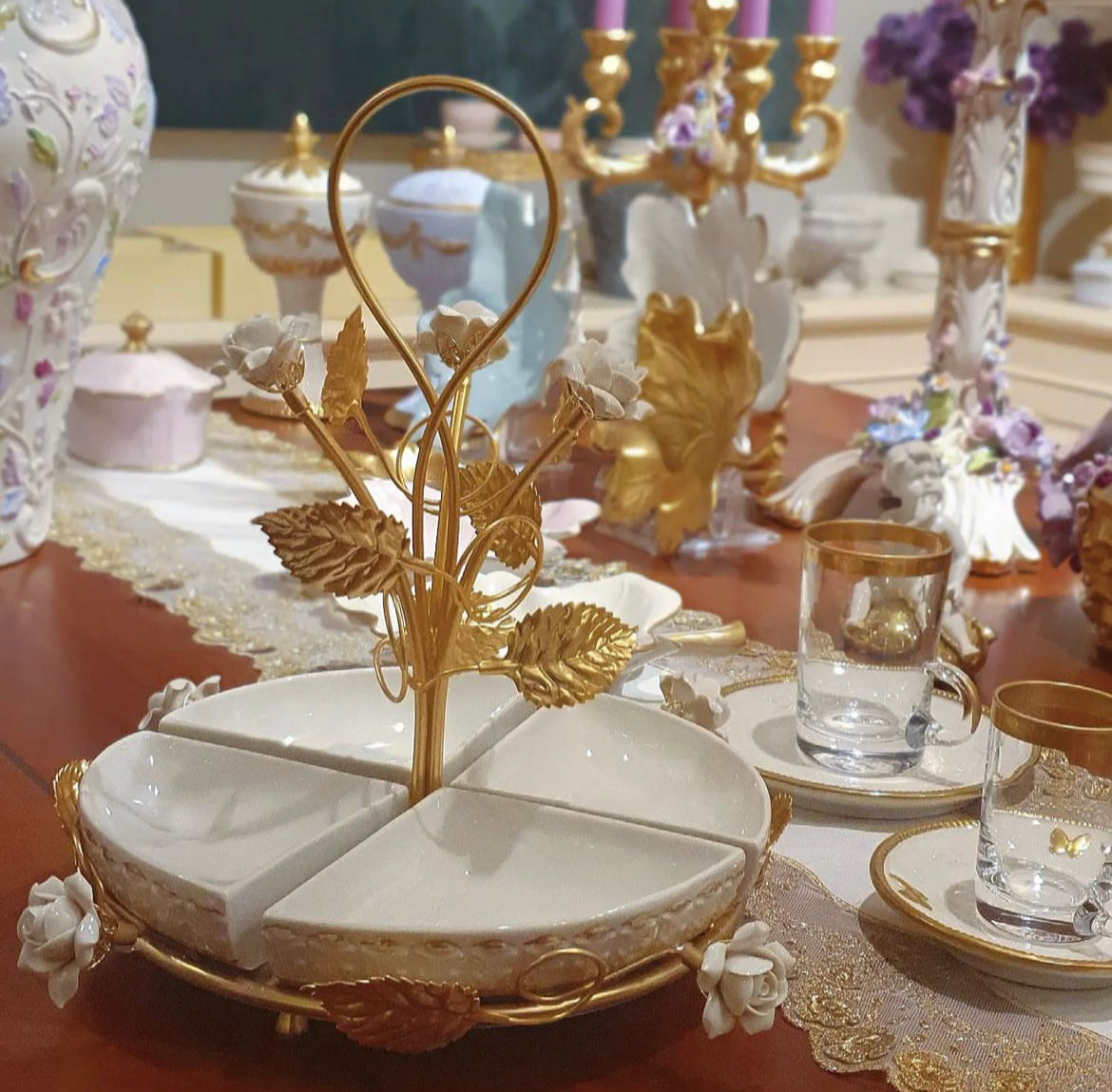 Marie-Antoinette Pink & Gold Olive Stand - 4 dishes