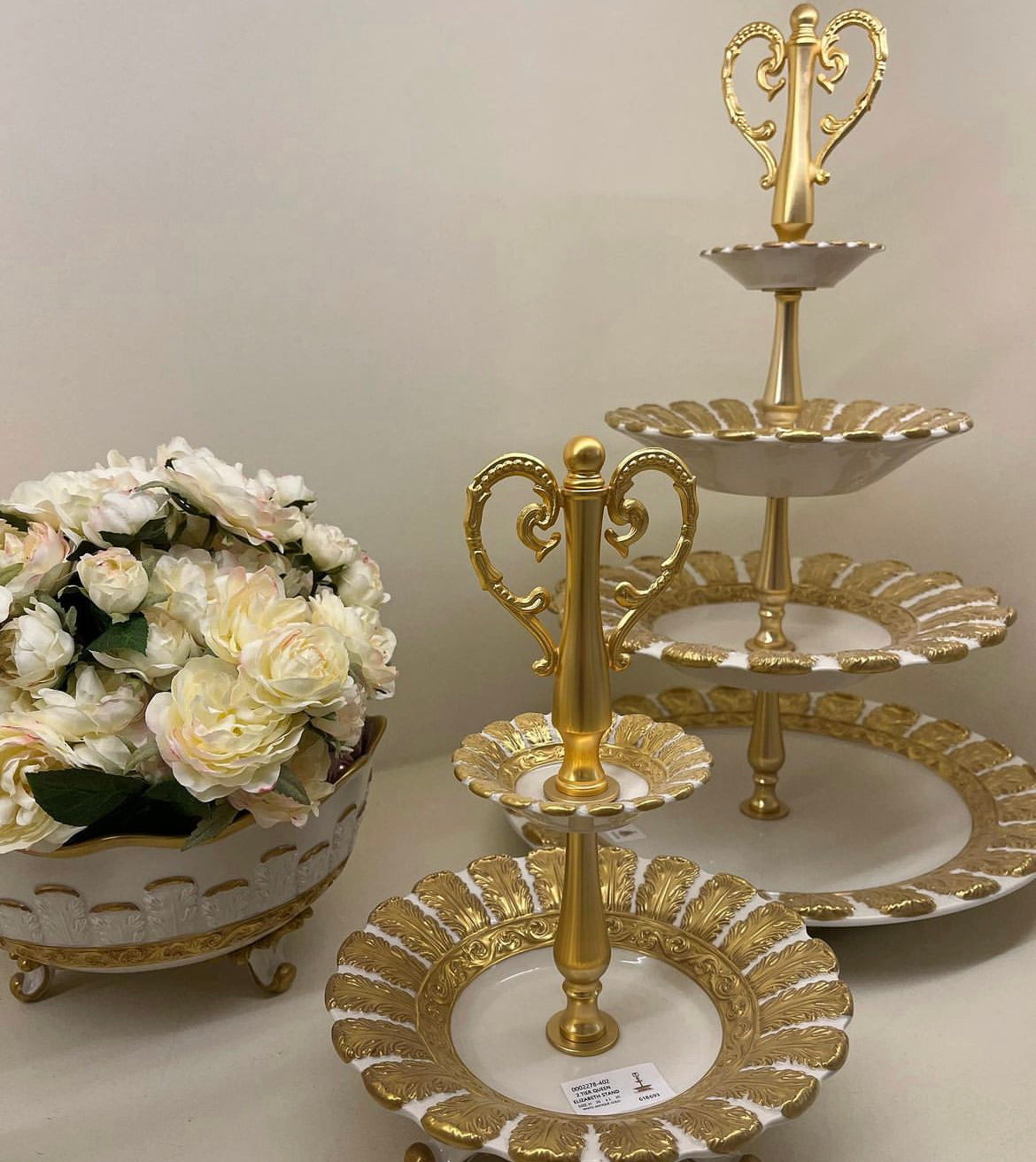 Queen Elizabeth White & Gold 2 Tier Cake Stand